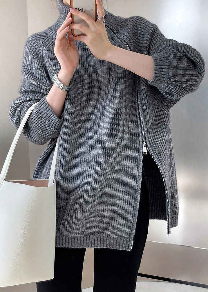Grey Turtleneck Thick Cotton Knit Sweaters Fall Qe073