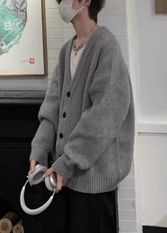 Neck V Spring Knit Cardigans Button Grey