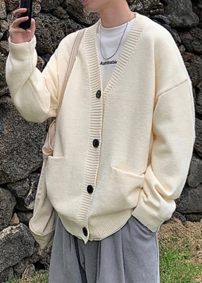 Neck V Spring Knit Cardigans Button Grey