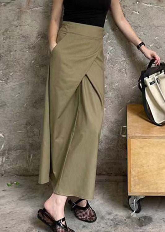 High Khaki Pockets Waist Maxi Asymmetrical Patchwork Skirt