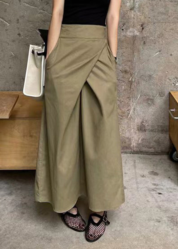 High Khaki Pockets Waist Maxi Asymmetrical Patchwork Skirt