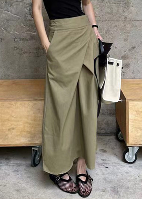 High Khaki Pockets Waist Maxi Asymmetrical Patchwork Skirt