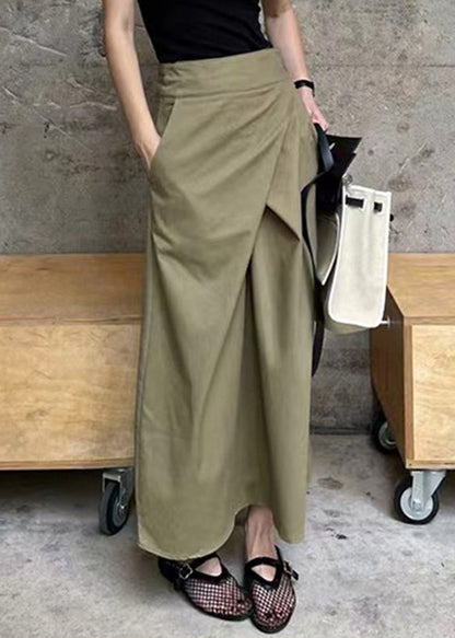 High Khaki Pockets Waist Maxi Asymmetrical Patchwork Skirt