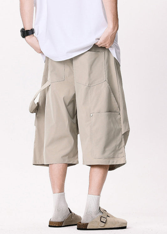 Khaki Asymmetrical Pockets Patchwork High Waist Pants Yt005