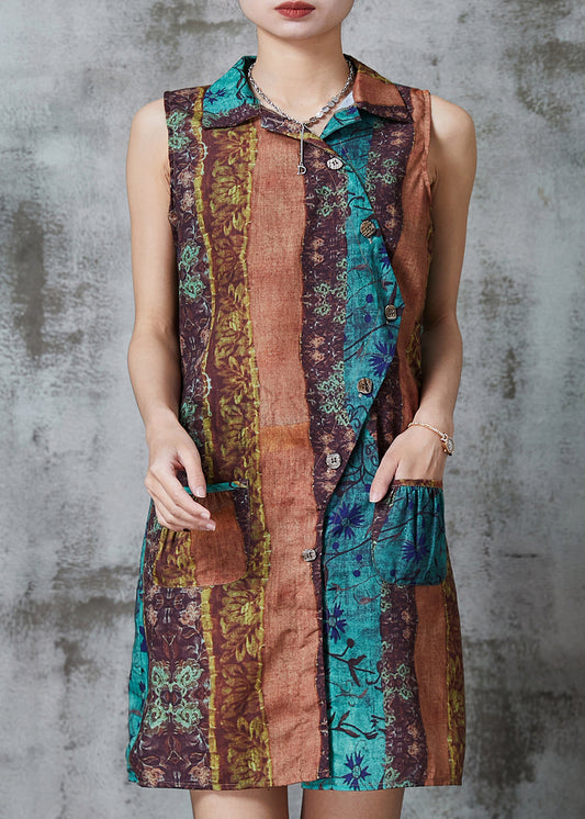 Khaki Asymmetrical Print Linen Mini Dresses Sleeveless Al1014