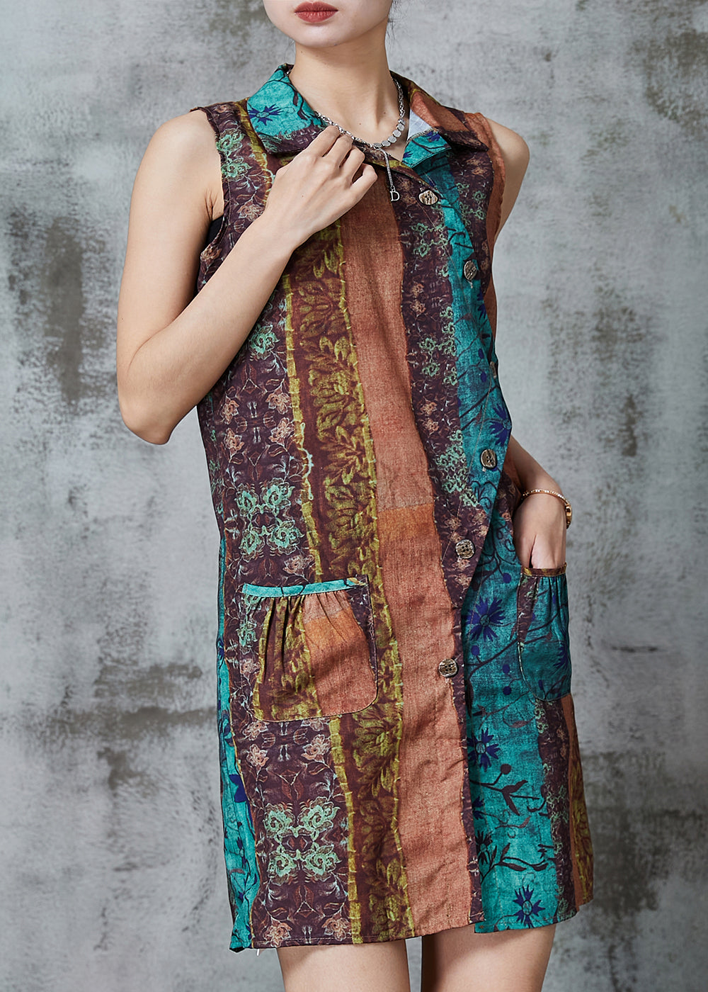 Khaki Asymmetrical Print Linen Mini Dresses Sleeveless Al1014