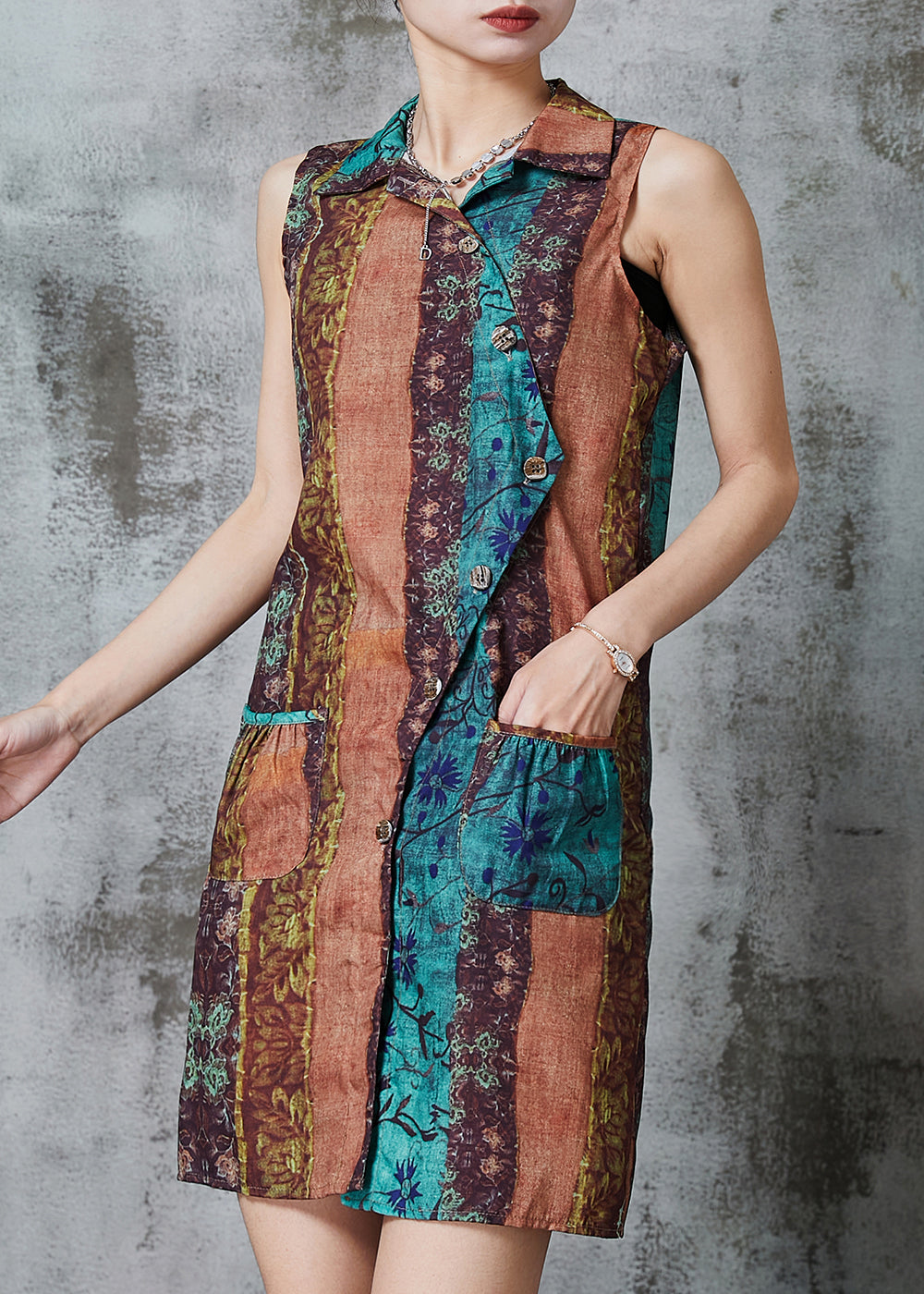 Khaki Asymmetrical Print Linen Mini Dresses Sleeveless Al1014