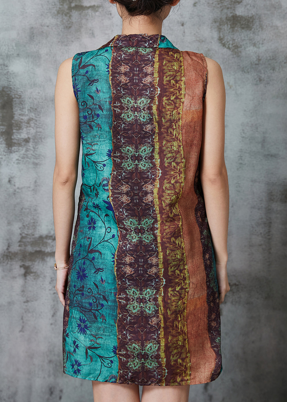 Khaki Asymmetrical Print Linen Mini Dresses Sleeveless Al1014