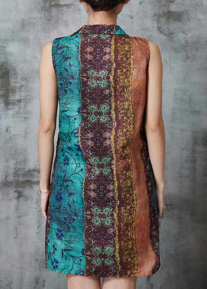 Khaki Asymmetrical Print Linen Mini Dresses Sleeveless Al1014