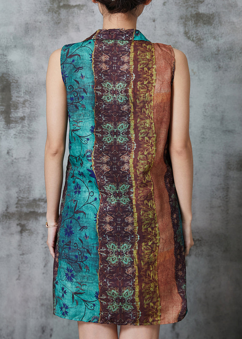 Khaki Asymmetrical Print Linen Mini Dresses Sleeveless Al1014