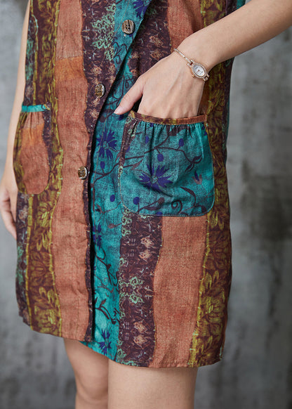 Khaki Asymmetrical Print Linen Mini Dresses Sleeveless Al1014