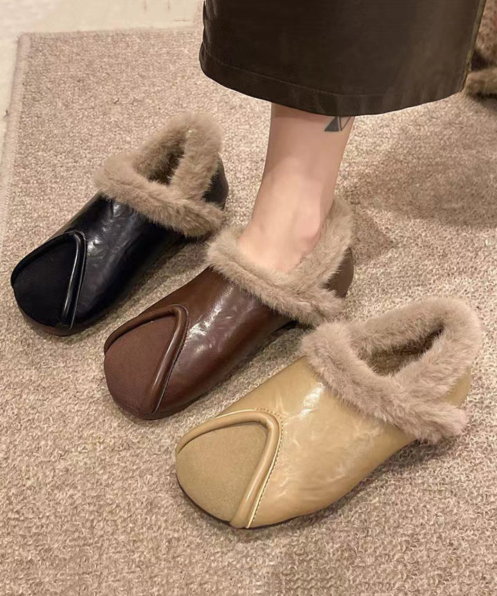 Khaki Comfy Splicing Flat Feet Shoes Fuzzy Wool Lined Te021