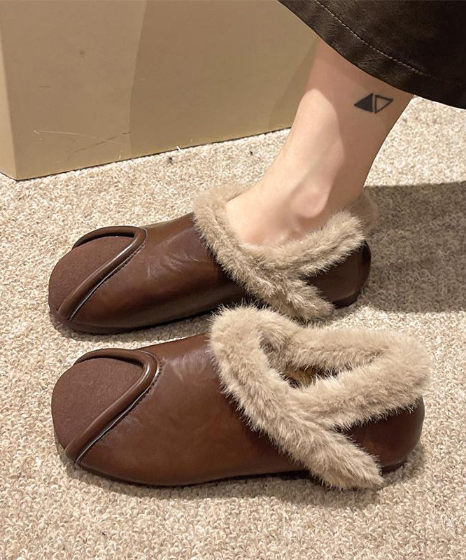 Khaki Comfy Splicing Flat Feet Shoes Fuzzy Wool Lined Te021