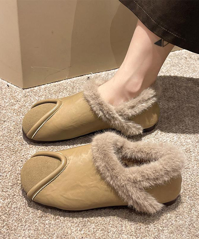 Khaki Comfy Splicing Flat Feet Shoes Fuzzy Wool Lined Te021