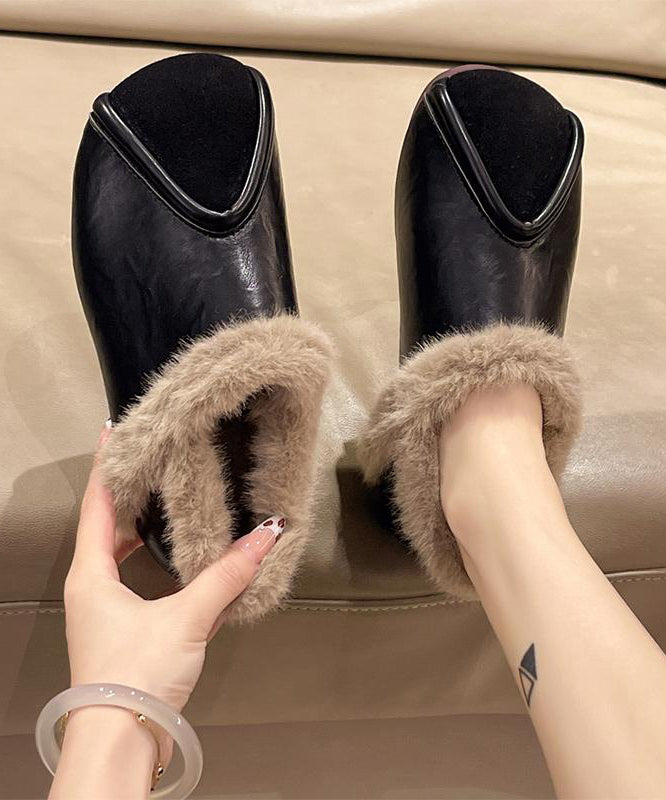 Khaki Comfy Splicing Flat Feet Shoes Fuzzy Wool Lined Te021