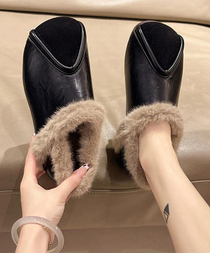 Khaki Comfy Splicing Flat Feet Shoes Fuzzy Wool Lined Te021