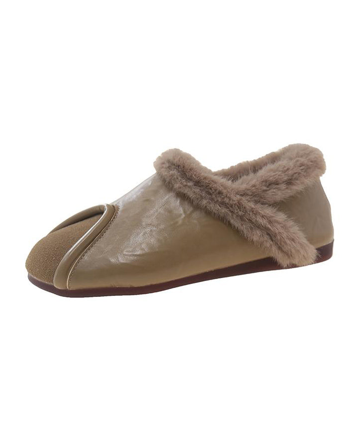 Khaki Comfy Splicing Flat Feet Shoes Fuzzy Wool Lined Te021