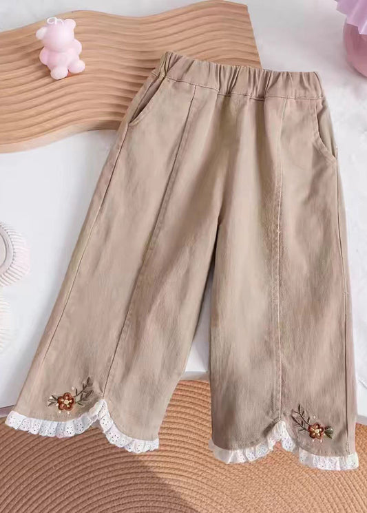 Khaki Embroideried Elastic Waist Kids Pants Tv005