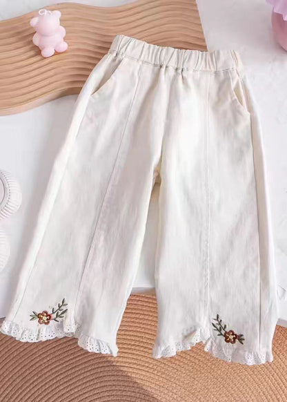Khaki Embroideried Elastic Waist Kids Pants Tv005