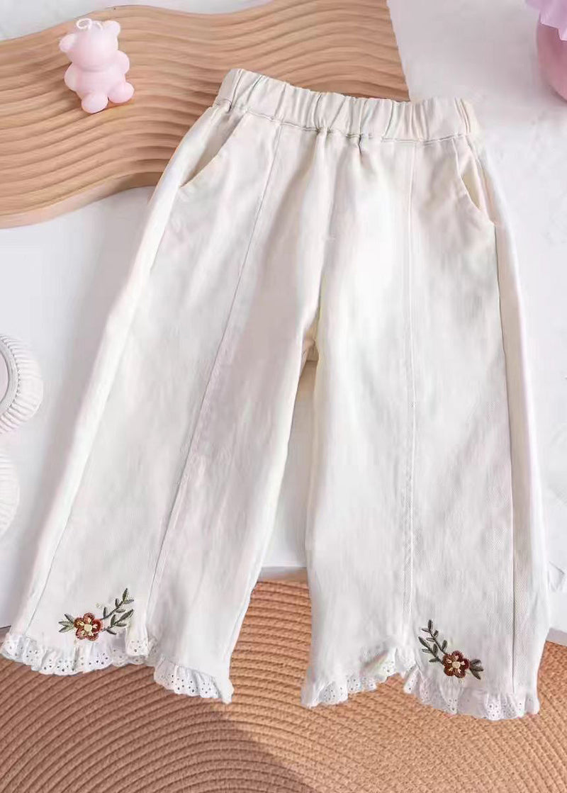 Khaki Embroideried Elastic Waist Kids Pants Tv005