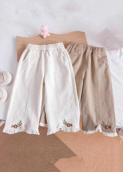 Khaki Embroideried Elastic Waist Kids Pants Tv005