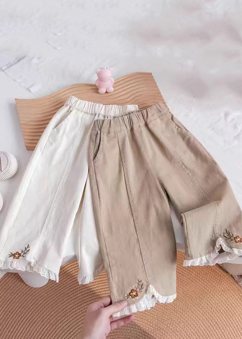 Khaki Embroideried Elastic Waist Kids Pants Tv005