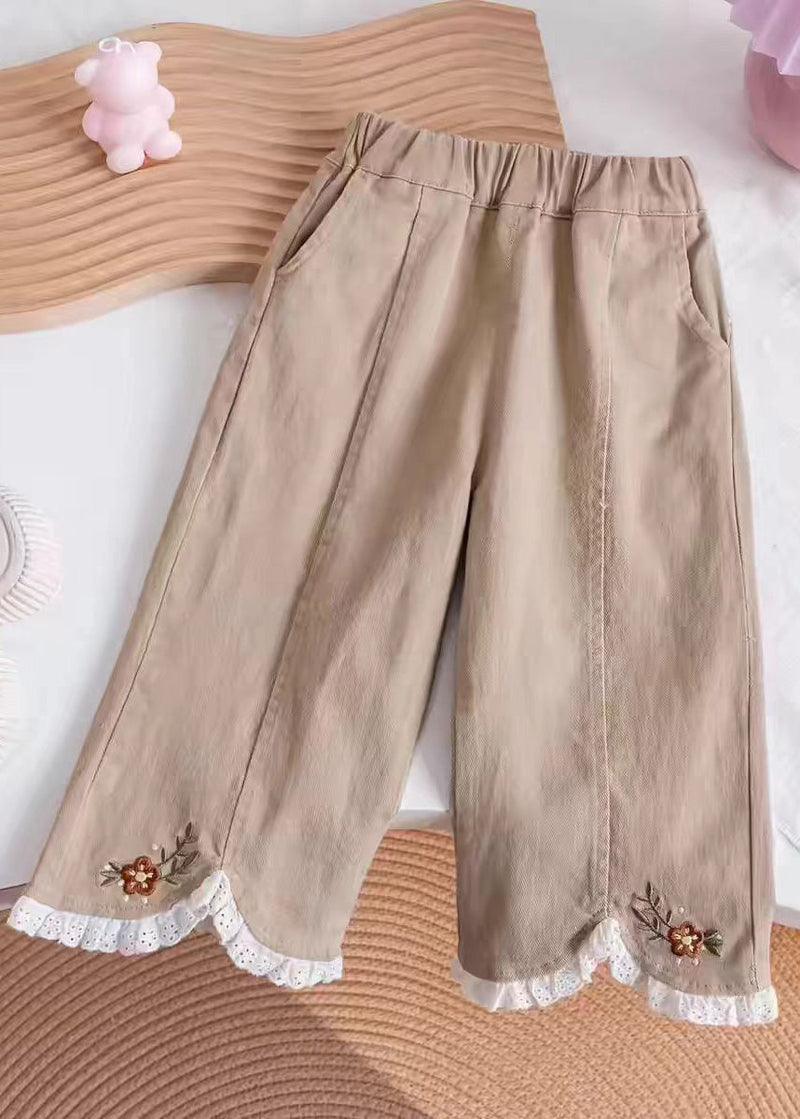 Khaki Embroideried Elastic Waist Kids Pants Tv005