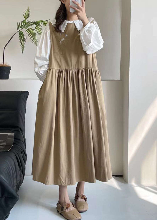 Khaki Hollow Out Long Dress Sleeveless Bv037
