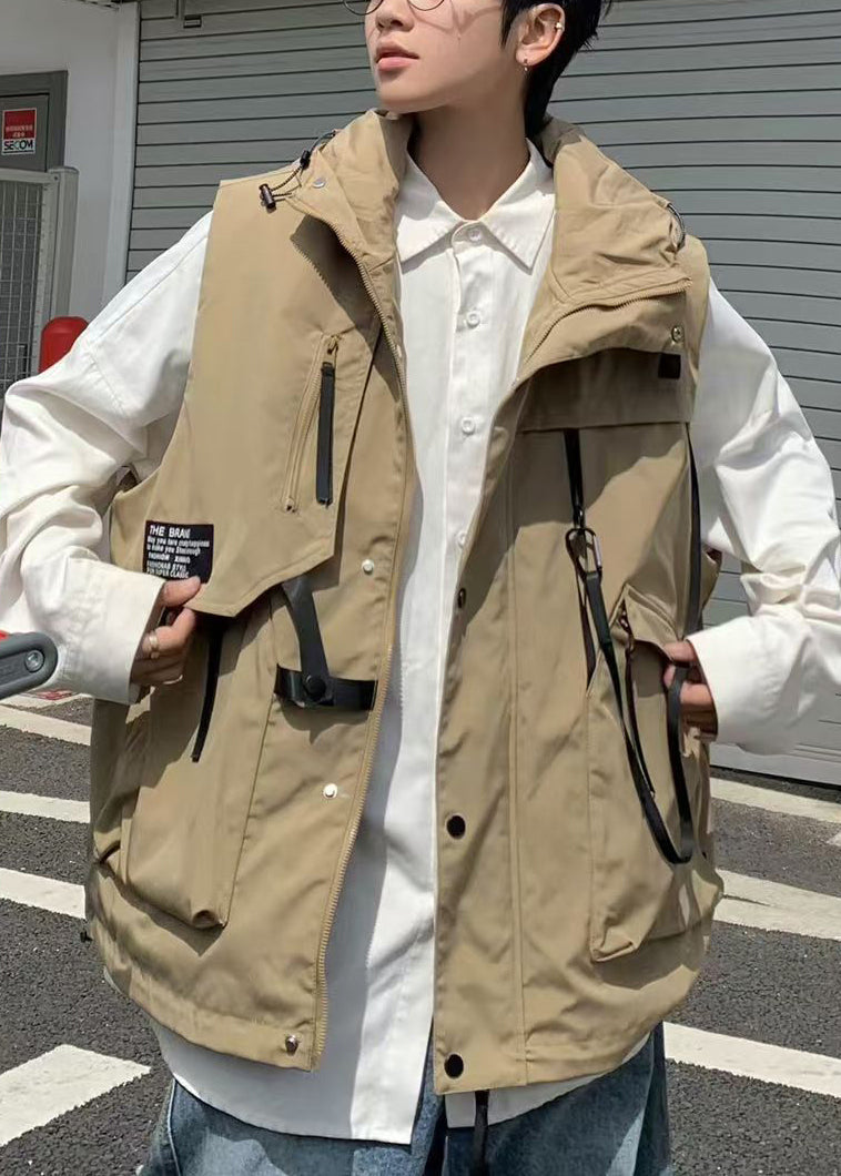 Khaki Hooded Pockets Cotton Waistcoat Spring Rn007