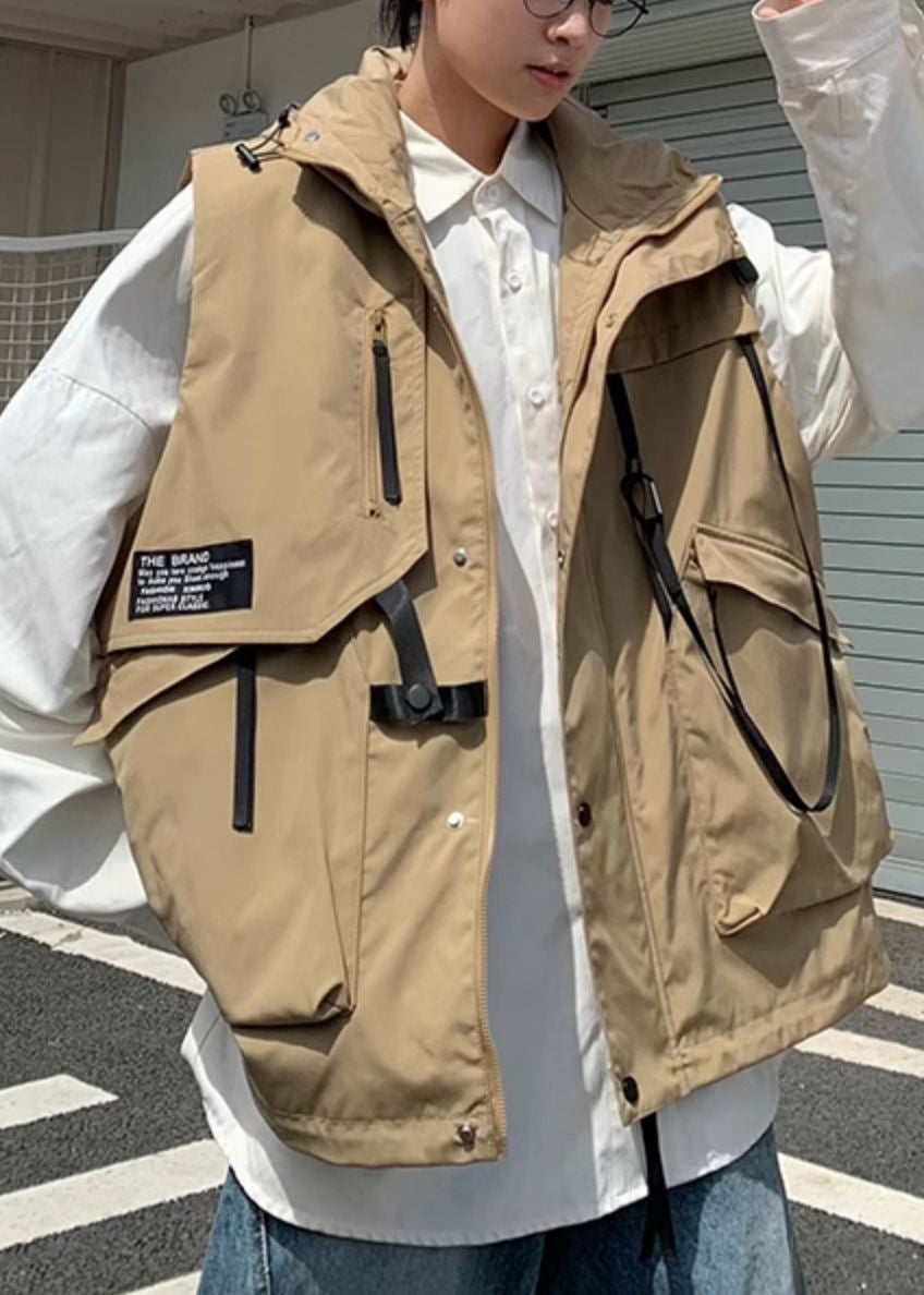 Khaki Hooded Pockets Cotton Waistcoat Spring Rn007