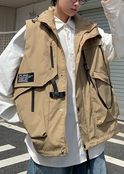 Khaki Hooded Pockets Cotton Waistcoat Spring Rn007