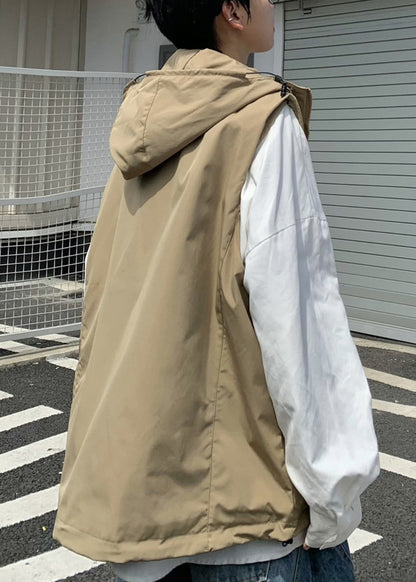 Khaki Hooded Pockets Cotton Waistcoat Spring Rn007