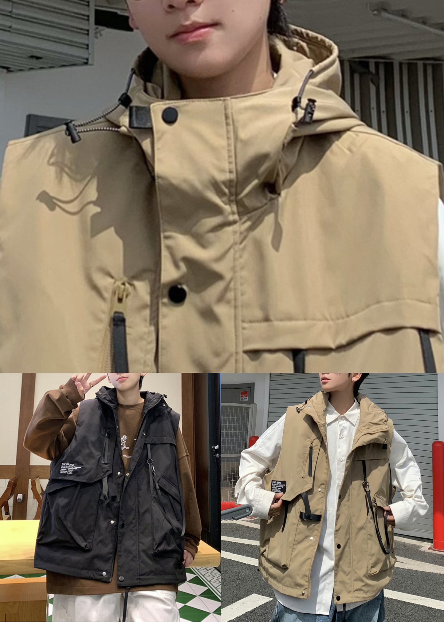 Khaki Hooded Pockets Cotton Waistcoat Spring Rn007