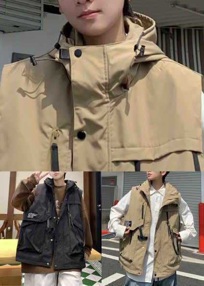Khaki Hooded Pockets Cotton Waistcoat Spring Rn007