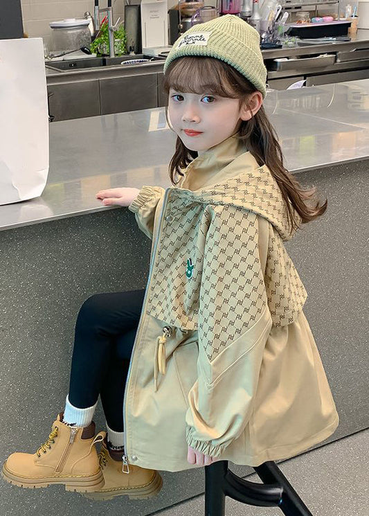 Khaki Kids Stand Collar Drawstring Print Kids Hooded Trench Coat Fall Qv032