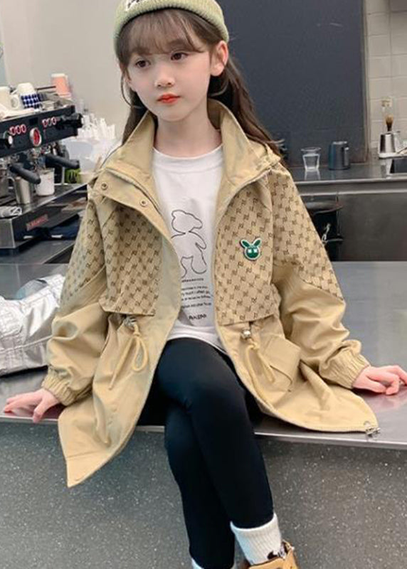 Khaki Kids Stand Collar Drawstring Print Kids Hooded Trench Coat Fall Qv032