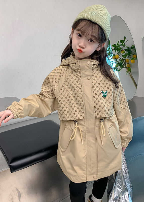 Khaki Kids Stand Collar Drawstring Print Kids Hooded Trench Coat Fall Qv032