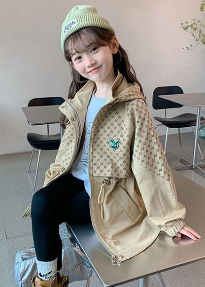 Khaki Kids Stand Collar Drawstring Print Kids Hooded Trench Coat Fall Qv032
