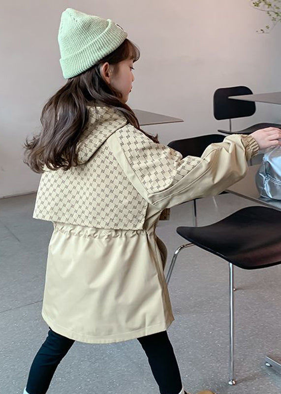 Khaki Kids Stand Collar Drawstring Print Kids Hooded Trench Coat Fall Qv032