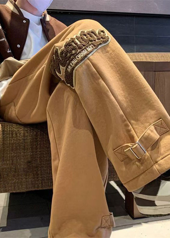 Khaki Letter Elastic Waist Warm Fleece Pants Spring Rm055