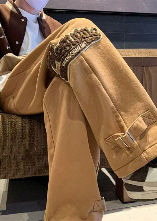 Khaki Letter Elastic Waist Warm Fleece Pants Spring Rm055