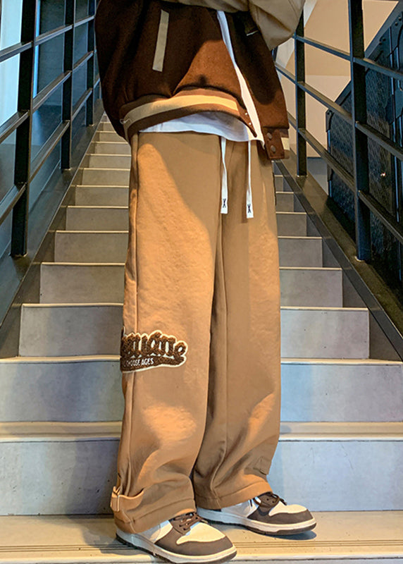 Khaki Letter Elastic Waist Warm Fleece Pants Spring Rm055