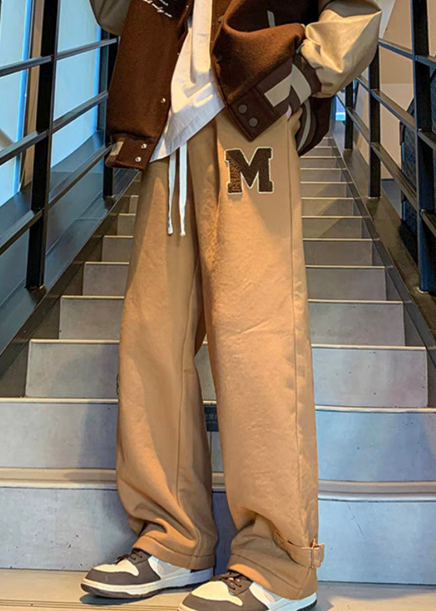 Khaki Letter Elastic Waist Warm Fleece Pants Spring Rm055