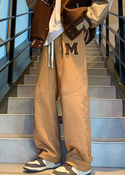 Khaki Letter Elastic Waist Warm Fleece Pants Spring Rm055