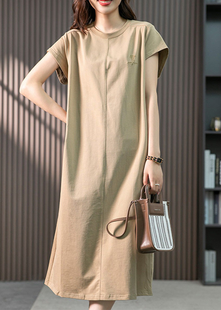 Khaki O-neck Embroideried Cozy Cotton Maxi Dresses Short Sleeve Ly1759