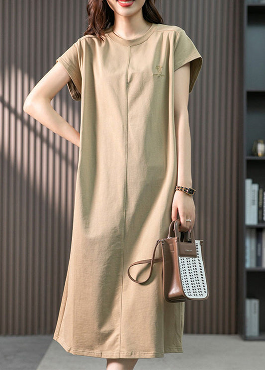 Khaki O-neck Embroideried Cozy Cotton Maxi Dresses Short Sleeve Ly1759