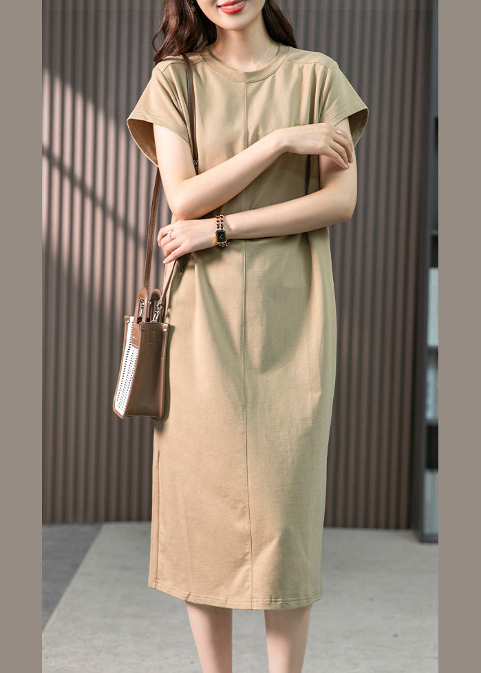 Khaki O-neck Embroideried Cozy Cotton Maxi Dresses Short Sleeve Ly1759