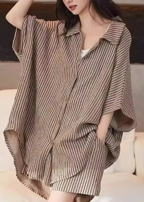 Khaki Peter Pan Collar Striped Shirt and Shorts Two Piece Set Summer Qb029