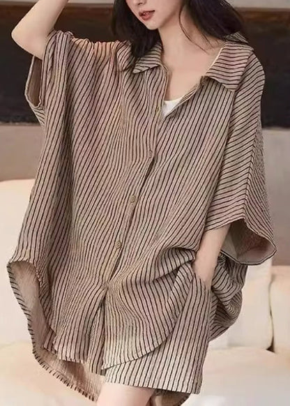 Khaki Peter Pan Collar Striped Shirt and Shorts Two Piece Set Summer Qb029