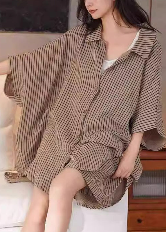 Khaki Peter Pan Collar Striped Shirt and Shorts Two Piece Set Summer Qb029